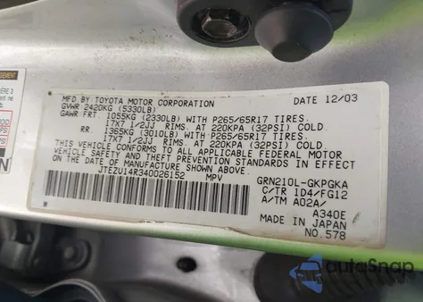 2004 Toyota 4Runner Sr5 V6 z USA, uszkodzony, nr VIN JTEZU14R340026152